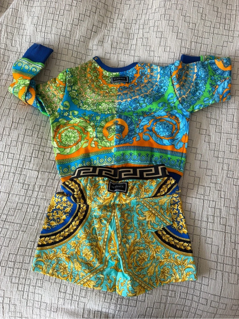Versace Vibrant Green & Blue Baroque-Print Outfit Set Toddler 24m